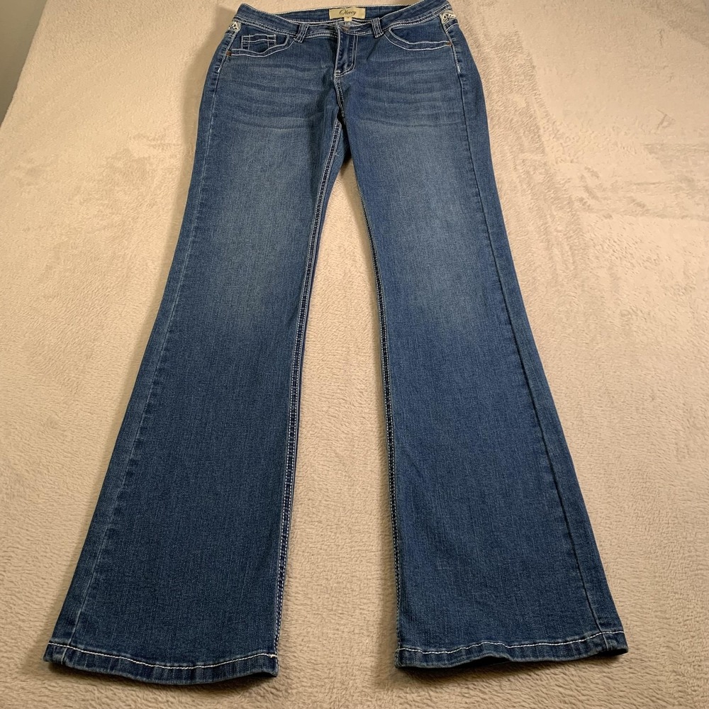 Olevey Jeans Womens 9 Blue Mid Rise Bootcut Stretch Embroidered Back Pockets‎